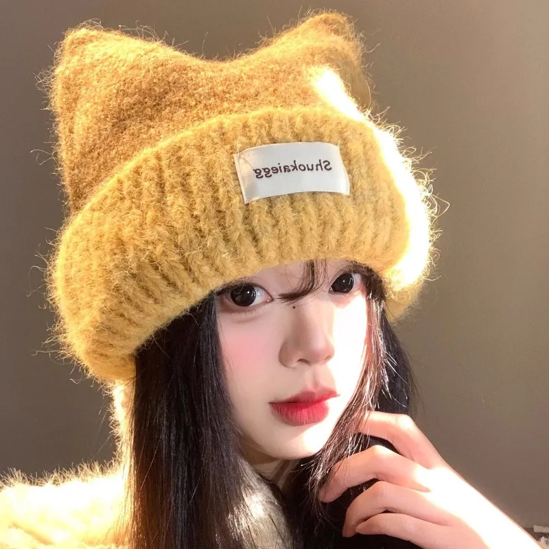 

Корейская версия, пуловер с кошачьими ушками, вязаная шапка, женская зимняя милая милая шапка с защитой ушей с большим головным ухом, шапки-бини с черепом