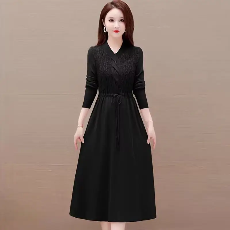 Large Size Flesh Blocking Temperament New Waist Cinching Dress Autumn Winter Long Knitted Base Solid Color Skirt Loose Dresses