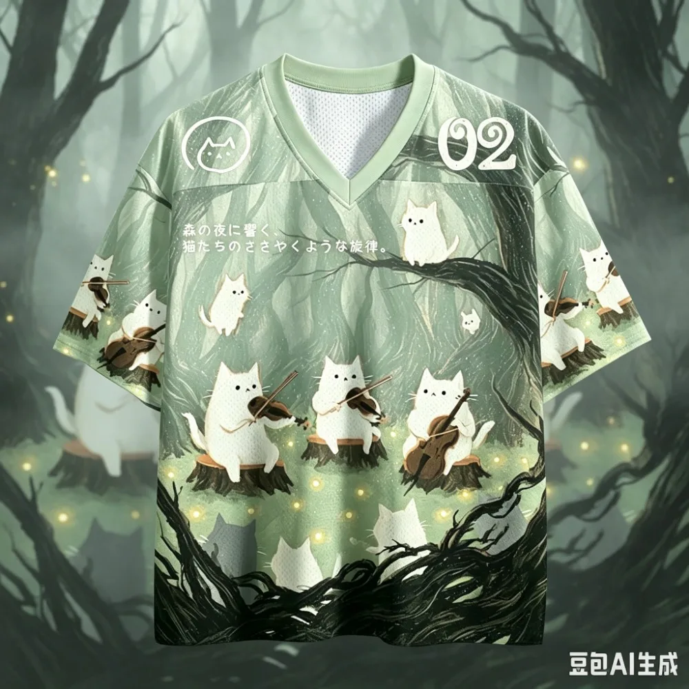 3D-Druck mit Waldkatzenmuster, schnelltrocknendes, atmungsaktives Sport-T-Shirt für Herren mit V-Ausschnitt, Übergröße, Outdoor, Street, Casual, Y2K, Eltern-Kind-Kleidung – Detail 4