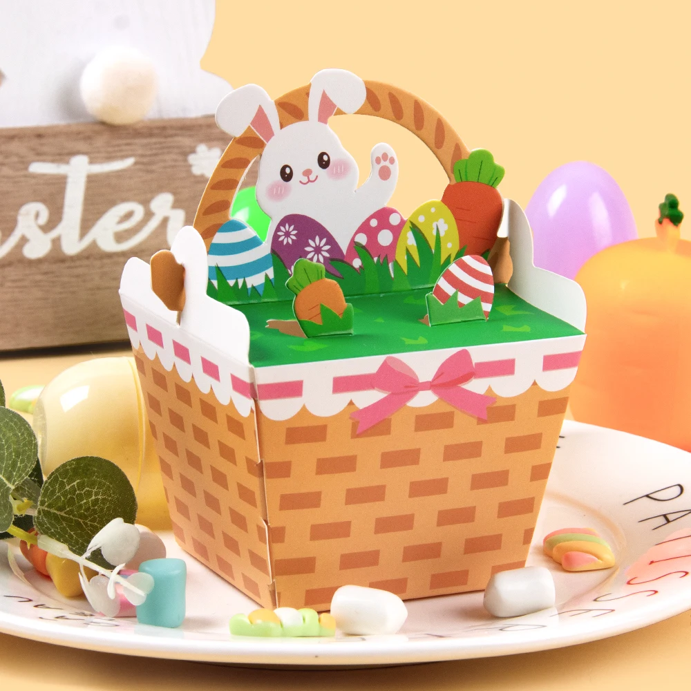 Boîtes à bonbons en papier lapin de Pâques mignon, panier lapin, sacs d'emballage cadeaux pour enfants, joyeux anniversaire de Pâques, décor de fête préChristophe, 10 pièces