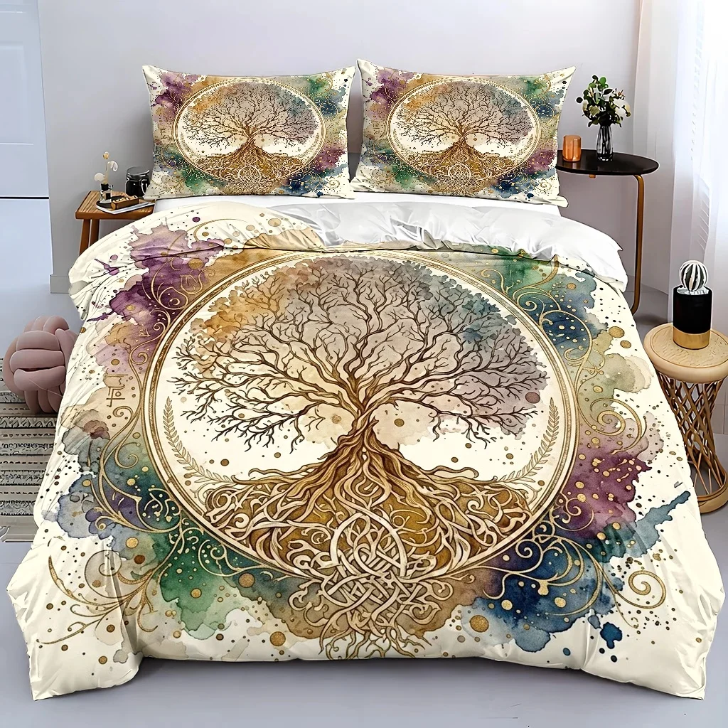 3Pc Tree of Life Artistic Style Duvet Cover Set, Three-Piece Bedding Set (1*Duvet Cover + 2*Pillowcases), Suitable for All Seasons, Machine Washable, Invisible Zipper Double Bed Cover, Suitable for Home, Dorm, Master Bedroom, Guest Room, Watercolor Celtic Pattern Bedding Set, Large Duvet Cover Three-Piece Set, Artistic Bedding Set, Cross-Border Hot-Selling Bedding, Comfortable and Skin-Friendly Bedding, Retro Style Bed Cover Set, Creative Printed Duvet Cover, Multifunctional Bedroom