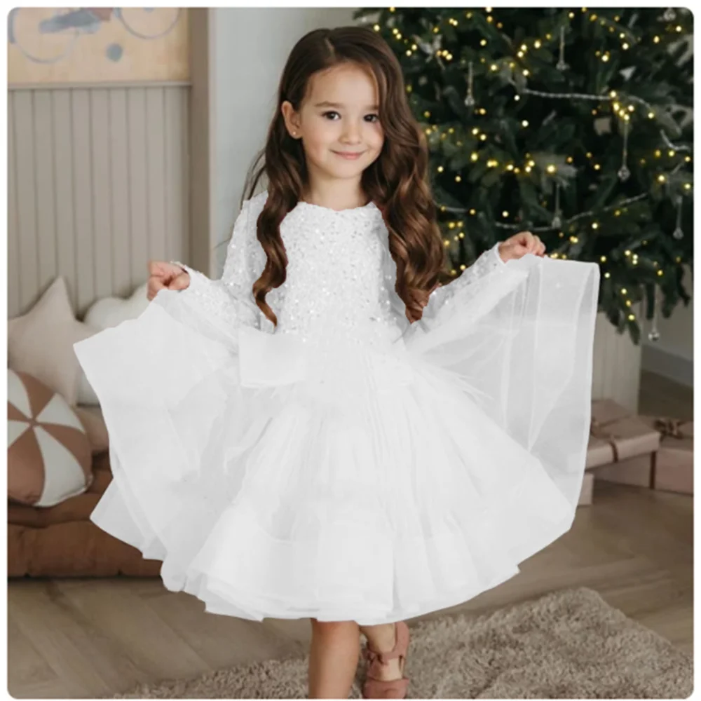 White Birthday Flower Girls Dresses for Kids 2024 Summer Full Sleeve Communion Gowns with Sequined Zipper Back Wedding Prom