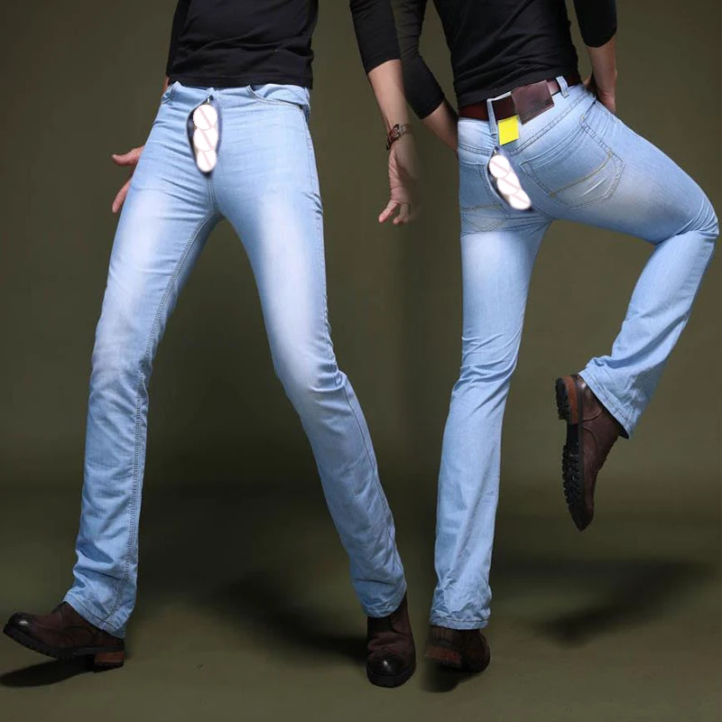 

Summer Outdoor Erotic Pants Sex Open Crotch Thin Men Jeans Korean Brushed White Bell-Bottom Pants Denim Trousers Male streetwear
