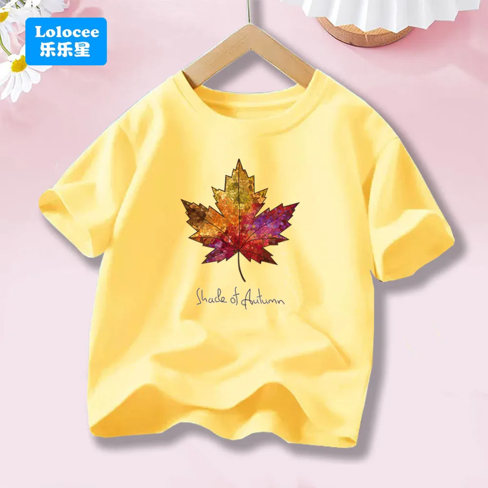 Girls' New Soft Cotton T Shirts Kids Fashion Maple Leaves Printed Tees for Summer Lady Pink Short Sleeve Tops  FY1
