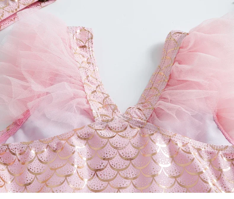 Traje de baño de sirena rosa + sombrero, traje de baño de una pieza para niñas con falda transparente, Bikini para niñas de 1 a 7T, bonito traje de baño de playa para niños