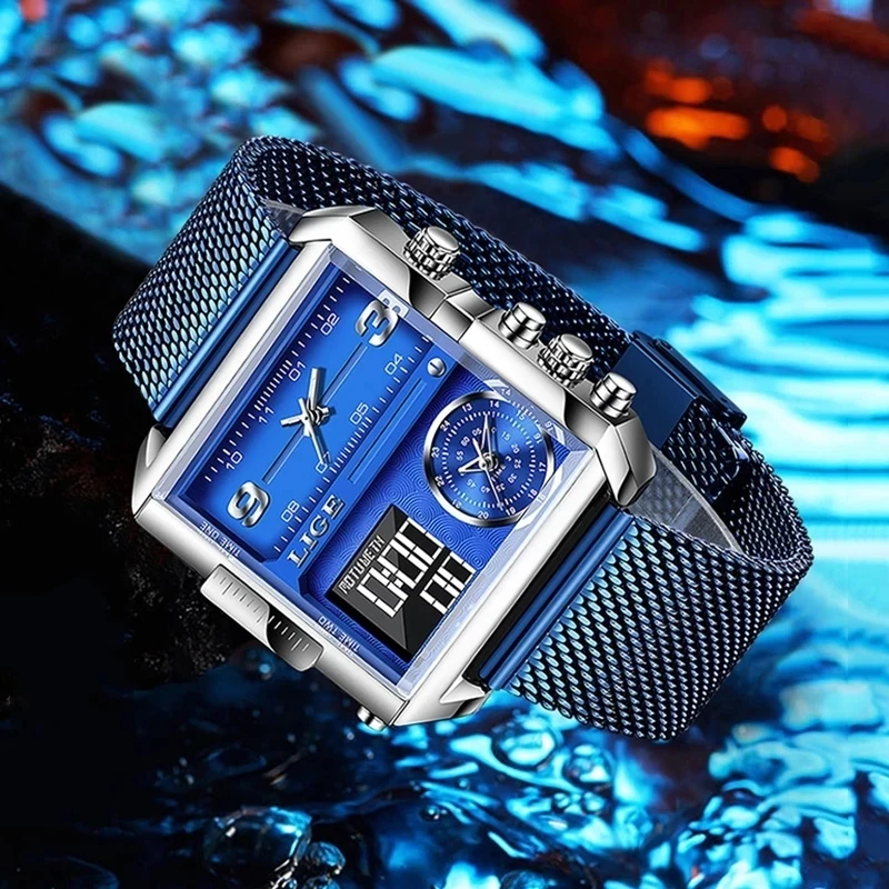 LIGE 2024 Top Brand Luxury Mens Watches Square Digital Sports Quartz Wrist Watch for Men Waterproof Stopwatch Relogio Masculino