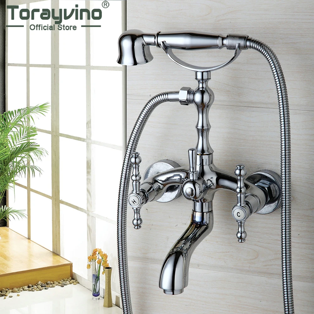 

Torayvino Chrome Bathtub Faucet Telephone Style With Sprayer Hand Shower Rotate Spout Faucets Wall Mounted Tub Mixer Water Tap