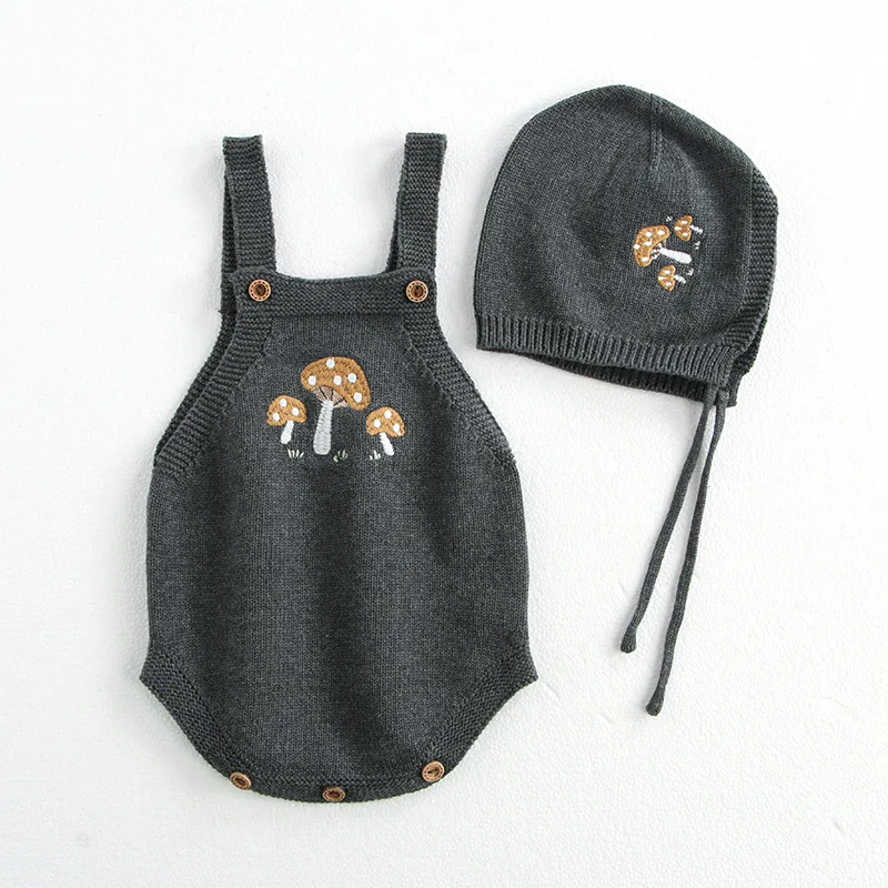 MiniAinis Autumn Winter New Baby Girls Knitted Sweater With Strap Hat Clothes Romper Hat Newborn Girl Knit Jumpsuit Caps Tops