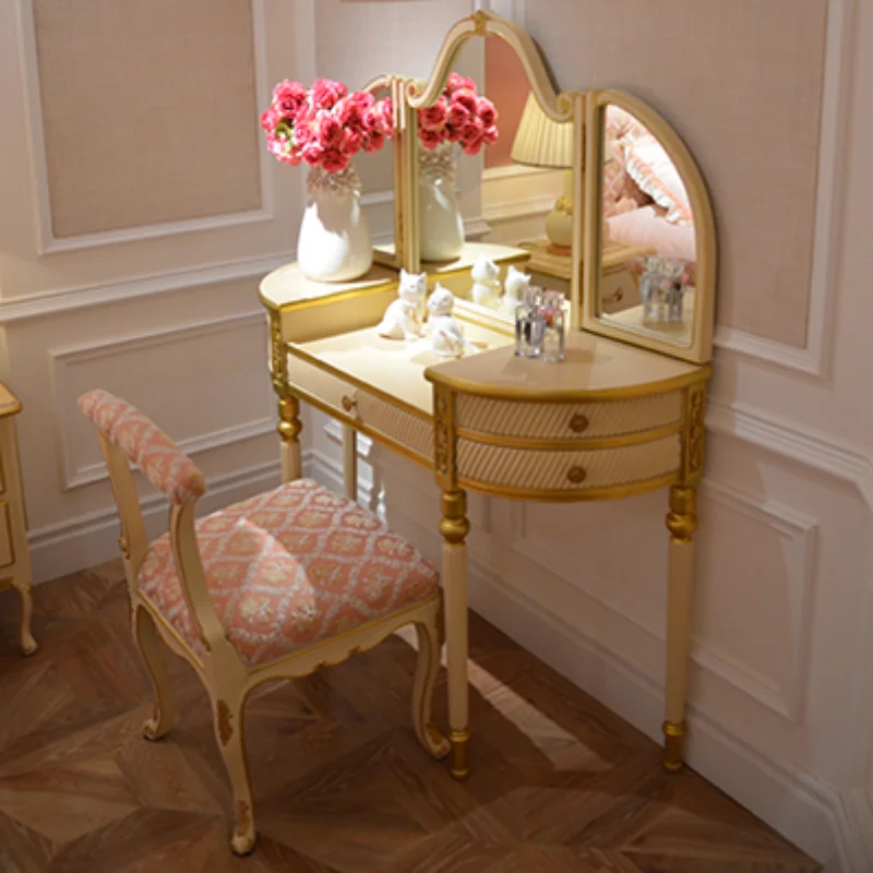 

Bedroom dressing table, solid wood beige gold-painted dressing with mirror