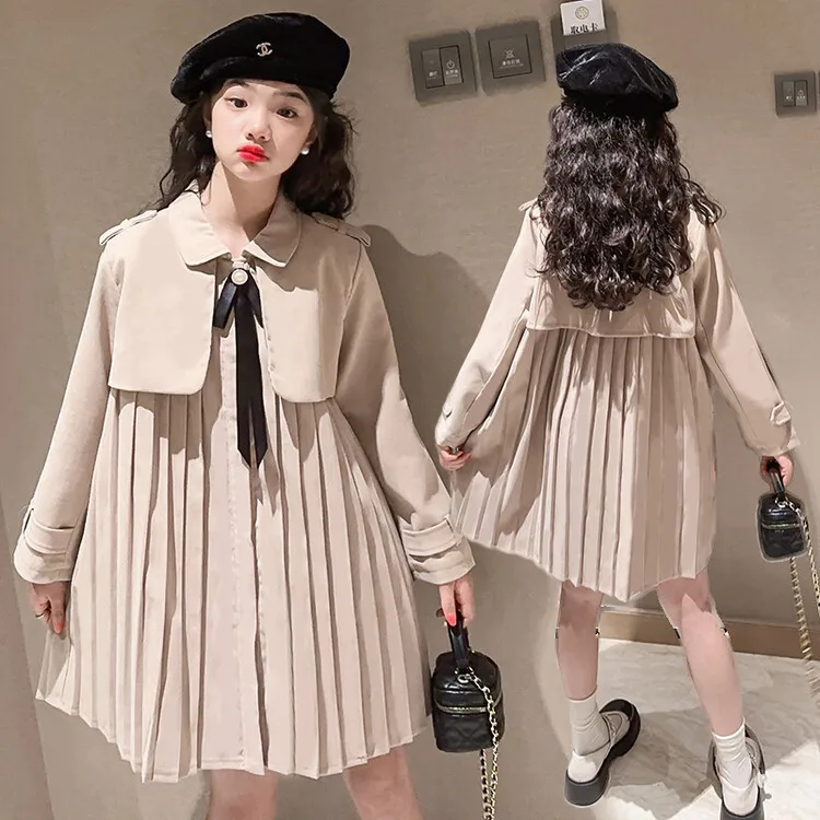 Girl Dress 2024 New Spring Autumn Korean Fashion Style Mid Length Trench Coat Baby Girl Solid British Style Long Sleeved Dress