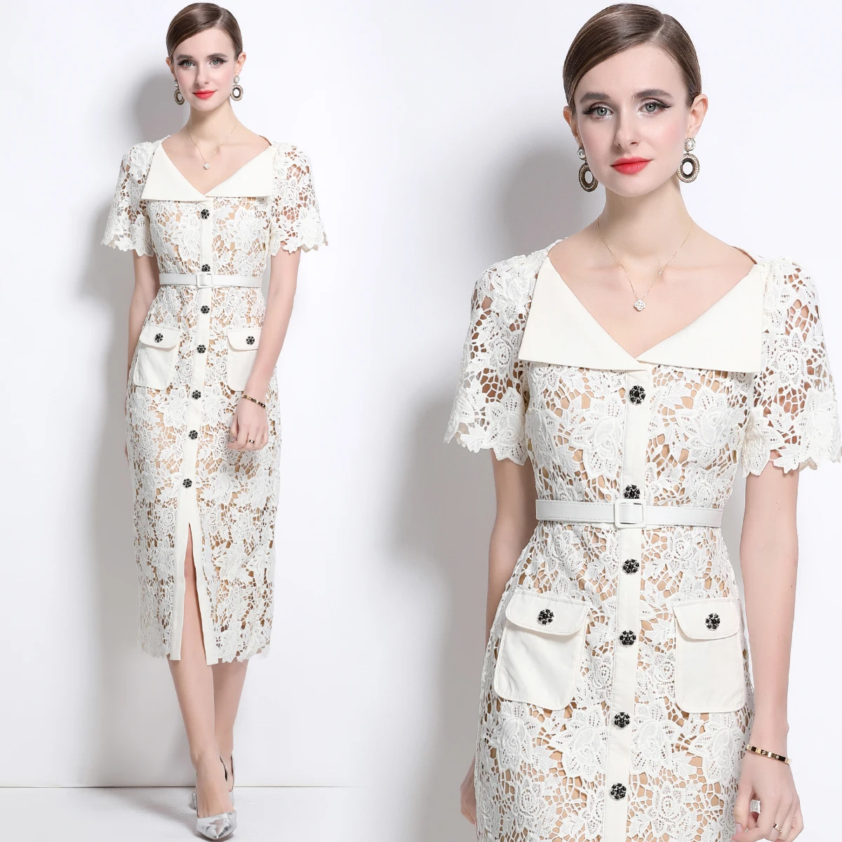Zomer herfst borduurwerk wit kant trouwjurk shirt vrouwen kristal korte mouw midi luxe avondjurken lange vestidos party