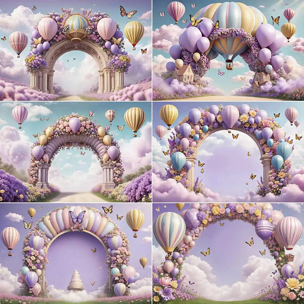 

MOON.QG Flower Birthday Arch Purple Backdrop Floral Hot Air Balloon Photo Studio Background Newborn Back Drop for Photography