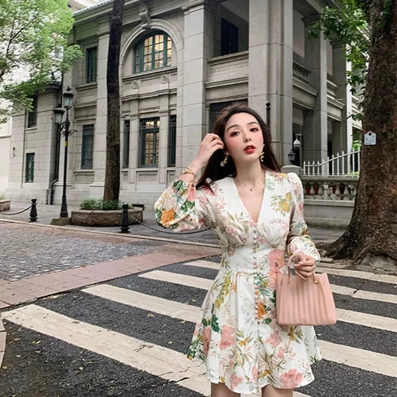 Frühling 2024, Blumendruck, damenhaft, lang, Swe-Einteiler, sexy Retro-Landmädchen-SLE, modischer Damen-Overall, V-Ausschnitt, X-Ap...