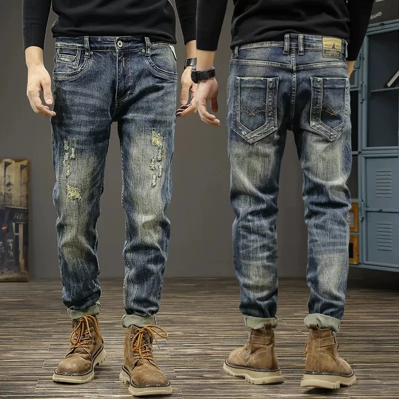 

Fashion Designer Men Jeans Retro Blue Stretch Slim Fit Ripped Jeans Men Vintage Trousers Embroidery Casual Denim Pants Hombre