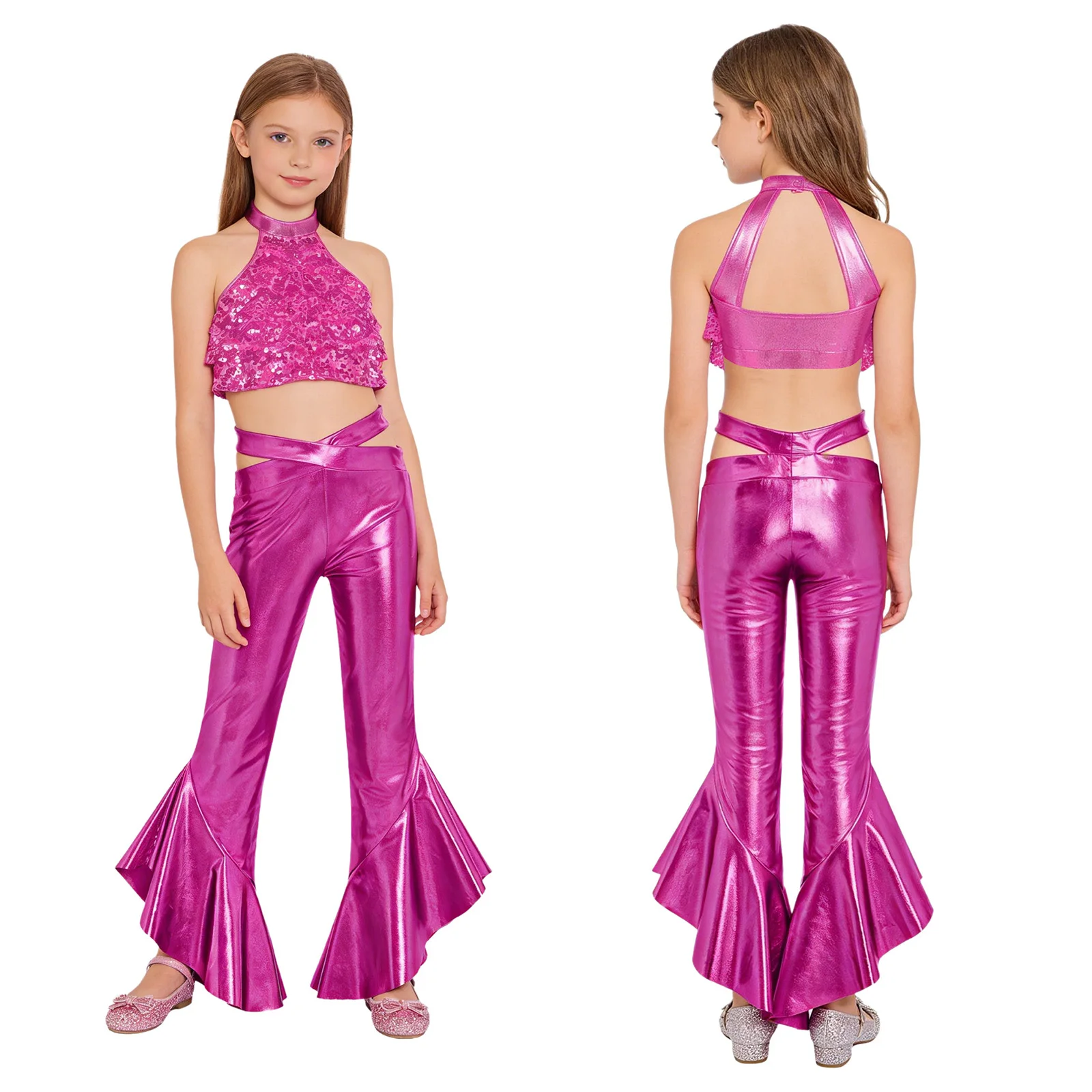 

Kids Girls Shiny Dance Performance Costumes Disco Jazz Tango Samba Dance Sets Sleeveless Sequin Tiered Crop Top And Flared Pants