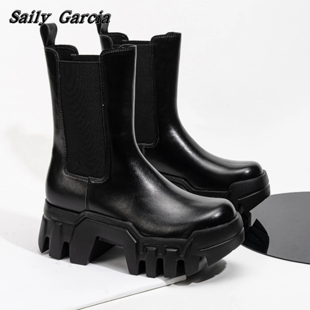 Classic Punk Style Tank Chunky Heel Motorcycle Boots Matte Cool Girl Casual Stretch Boots Round Toe 7CM Platform Short Boots