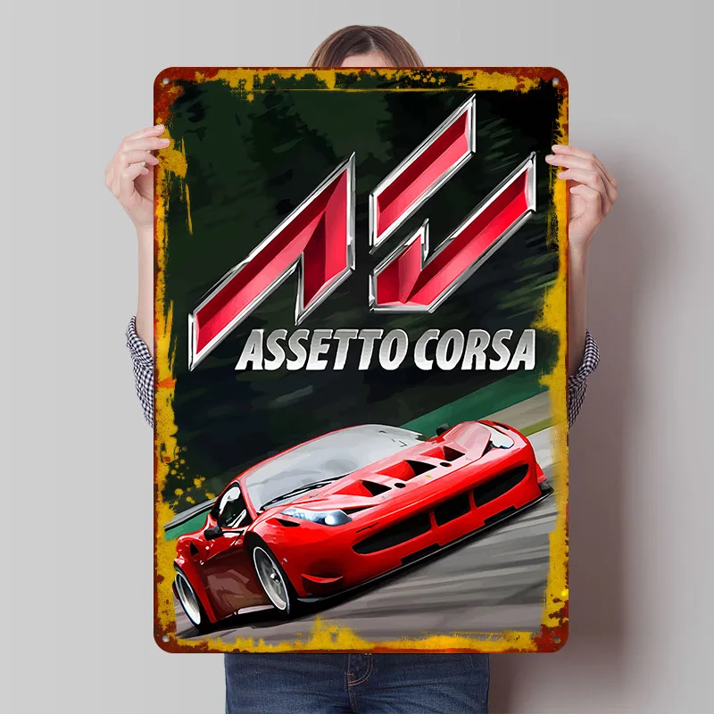 Assetto Corsa Roter Sportwagen Gedrucktes Poster Individualisierte Retro Wandkunst Vintage Metallschilder für Heim Schreibtisch Deko Wand-Deko Zimmer