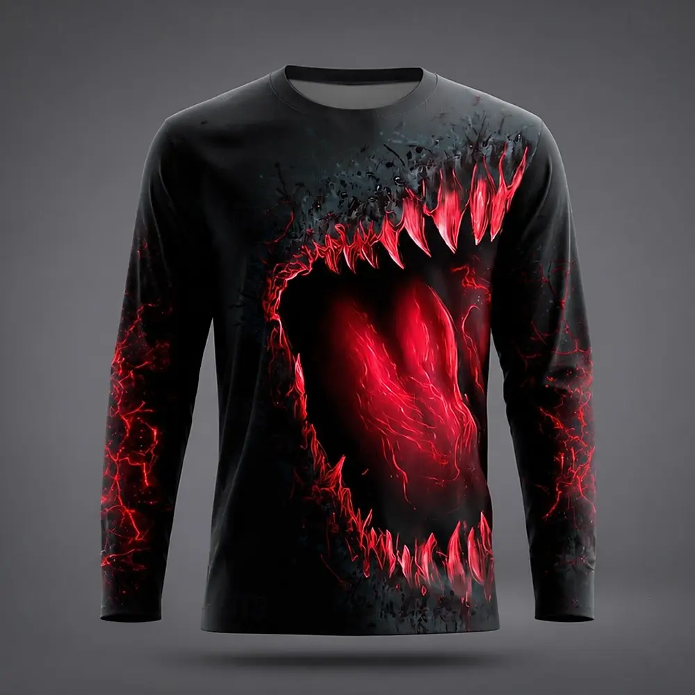 Men Long‑Sleeve T‑Shirt,3D Horror Monster Mouth Eyeball Print,Crew Neck Halloween Party Tops