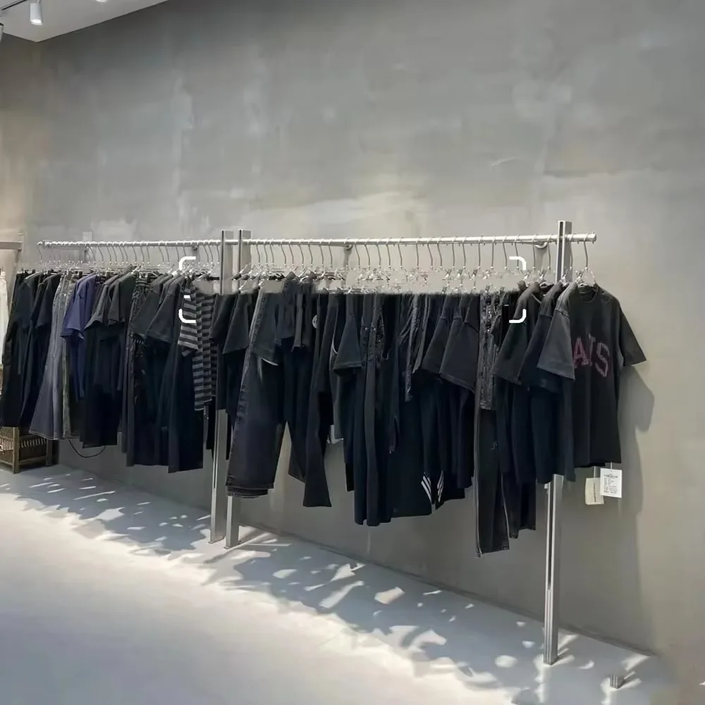 Modern Minimalist Stainless Steel Floor Clothing Rail, Backless Design, for Streetwear/Boutique Stores, Customizable
