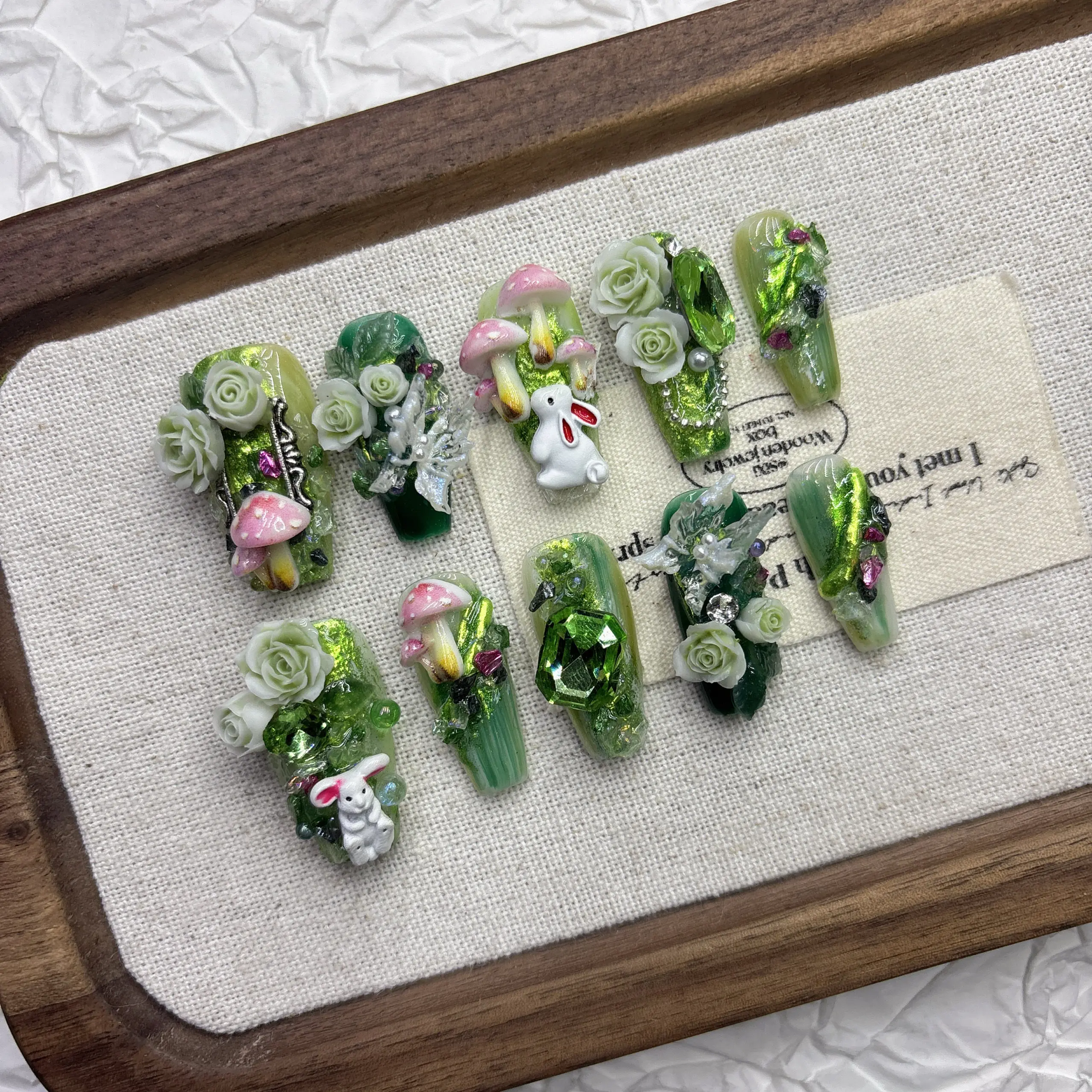 Wizard of Oz Press On Nails Long Stiletto 3D White Rose Pink Mushroom Rabbit Charms Green Pearl Nail Art Set - view 4