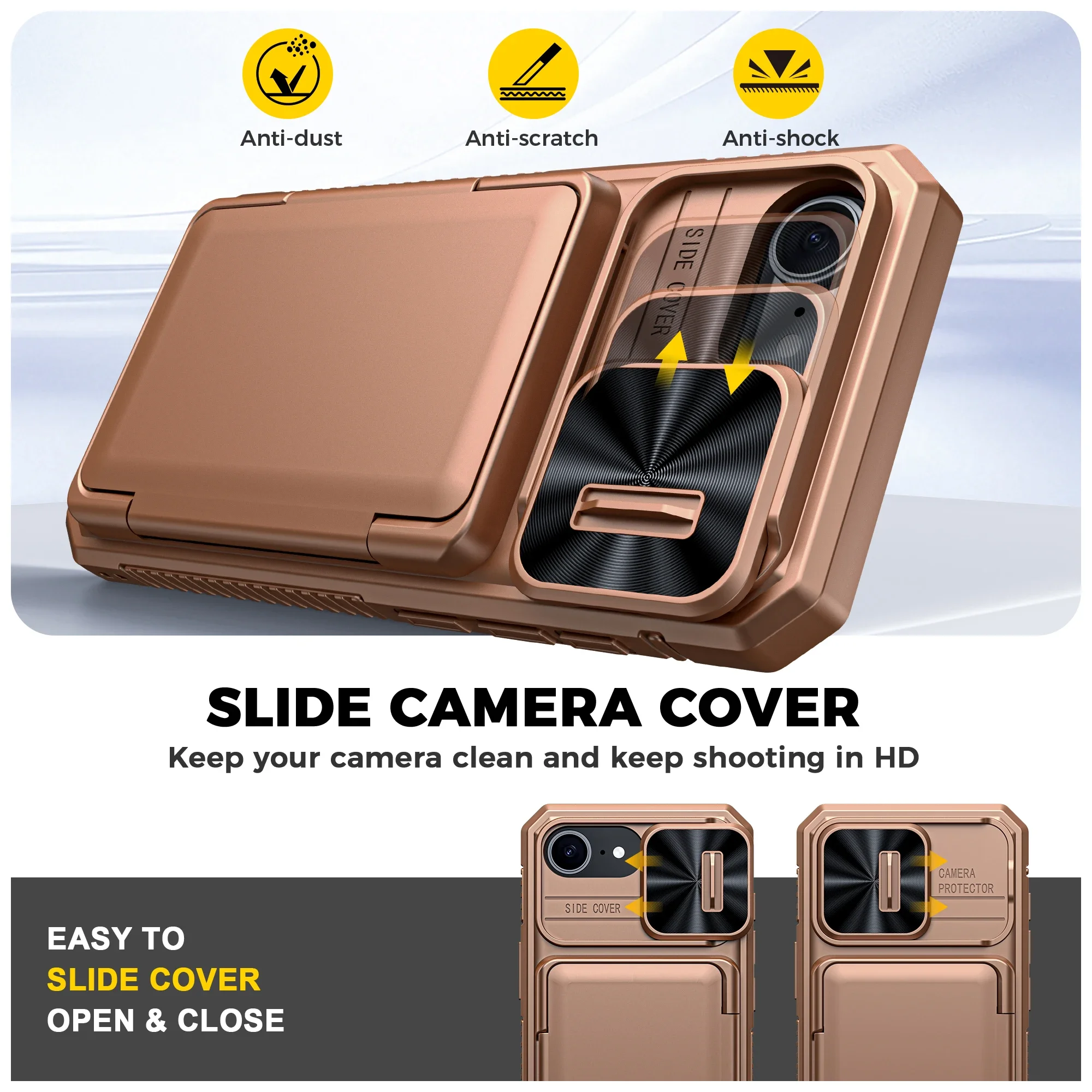 هدايا الهالوين، حامل بطاقات محفظة RFID، غطاء كاميرا، جراب هاتف واقٍ متين مقاوم للصدمات لهاتف iPhone 16 E-Gold