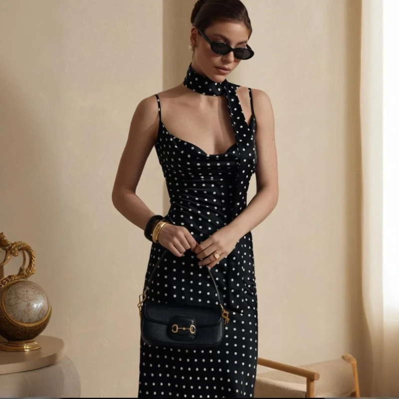 

TARUXY Polka Dots Straps Long Dress Women Summer New Neck-Mounted Lace Up V-Neck Fish Tail Female Elegant Vacation Banquet Dress
