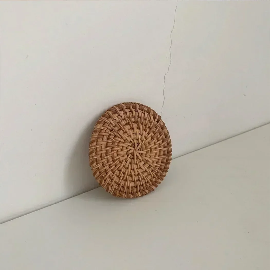 

10CM Handcrafted Woven Rattan Coaster Multi-Use Heat Insulation Anti Scald Round Tea Cup Mat Pot Cushion Pad With Holder