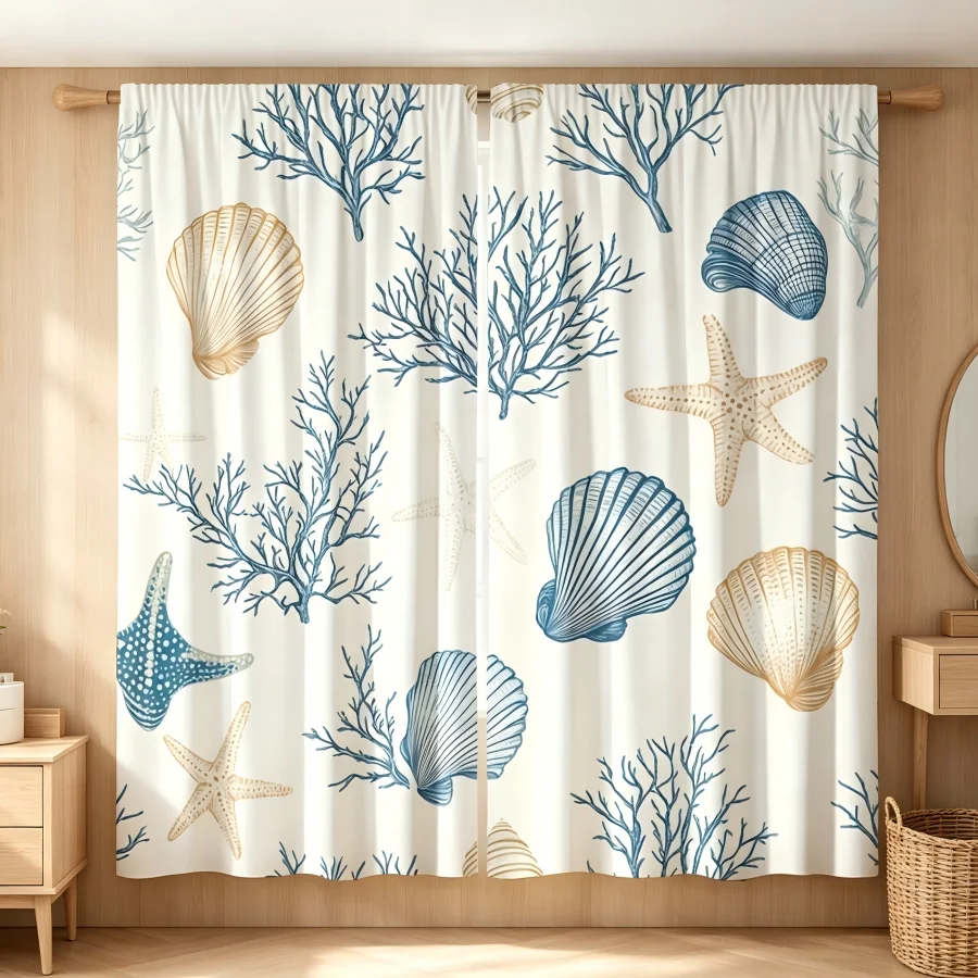 2PCS Digital Print  Curtain, Blue Yellow Seashell, Bohemian Style  Curtain Panel for Home Living Room Bedroom Decor