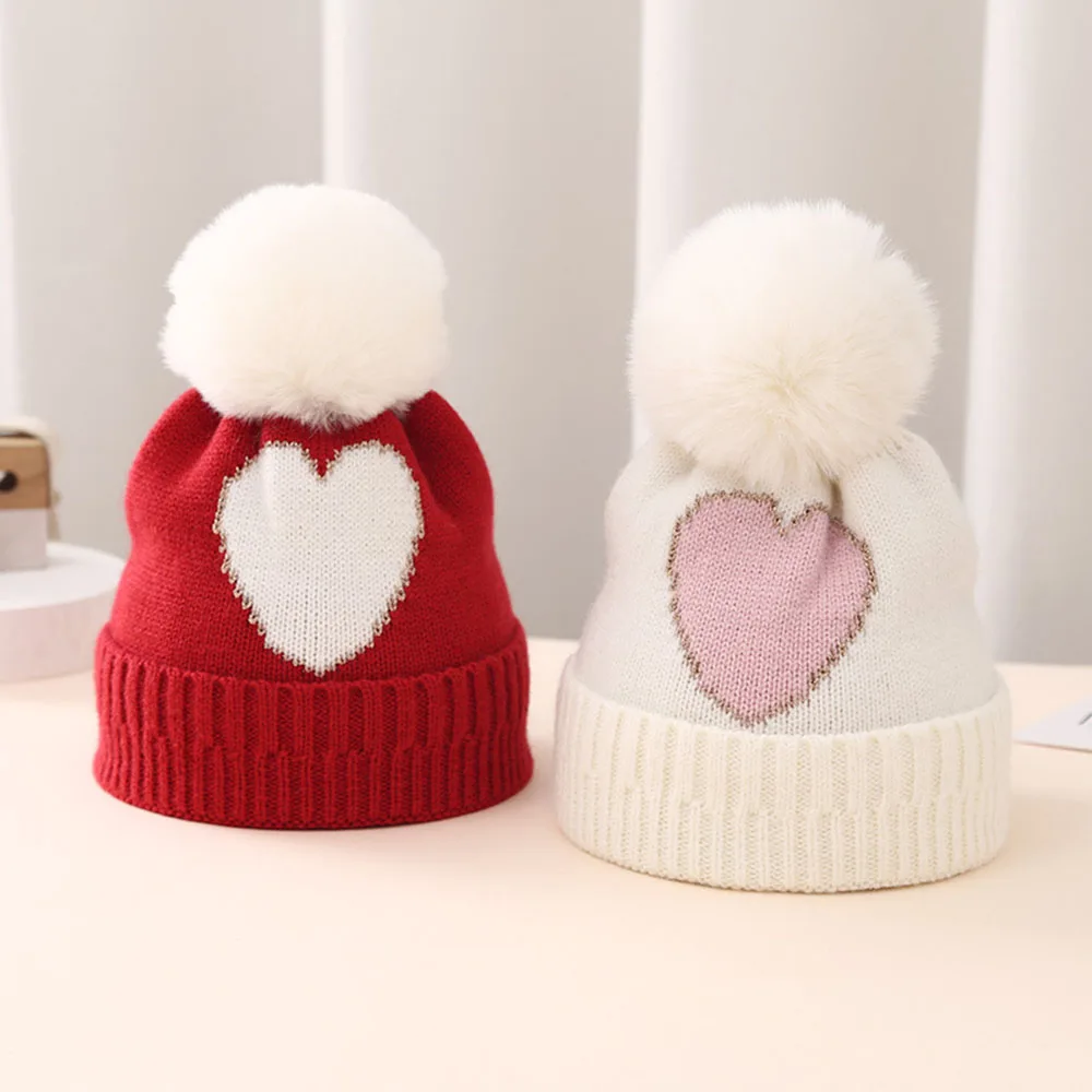 Baby Knitted Hat Gold Silk Jacquard Love Knitted Hat Thick Woolen Beanies Caps For Infant Kids 0-2 Years