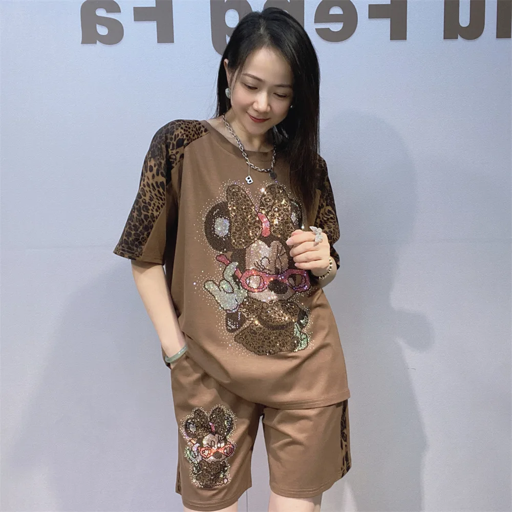Trendy New Summer Women Two-piece Set Leopard Splicing Diamonds Mickey Short Sleeve T-shirt Top + Elastic Waist Sports Shorts