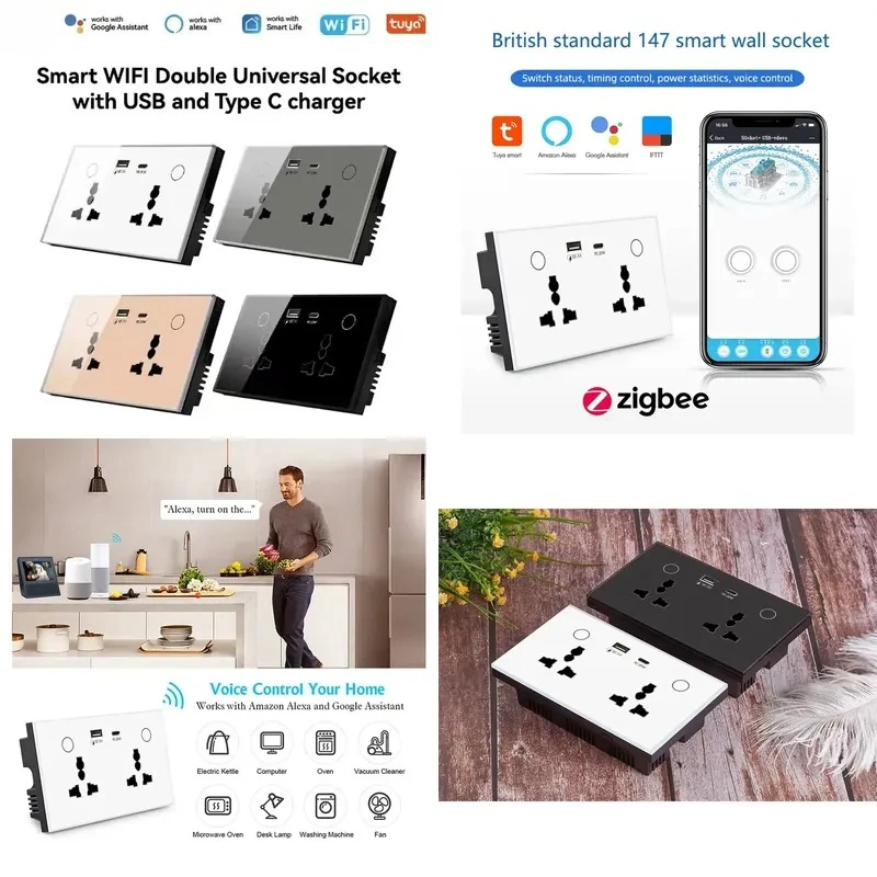 2026 dual universal smart sockets with USB Type C charger, support for Doodle Smart Life APP, Alexa and Google
