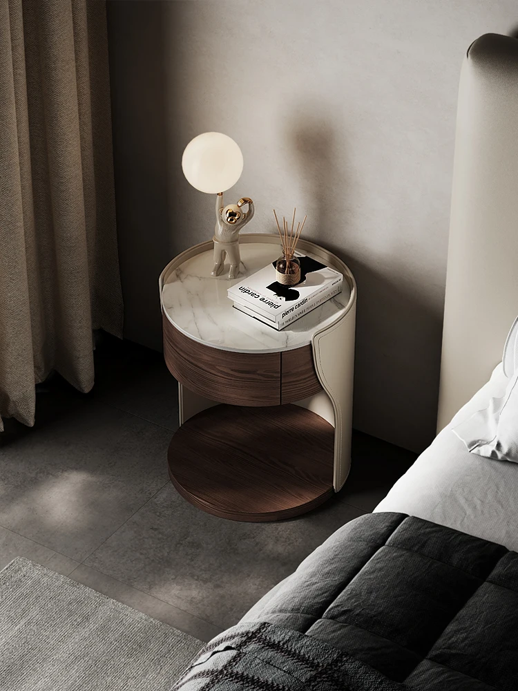 Designer's new creative and artistic bedside table, internet famous semi-circular bedroom, small edge, leather art, solid wood b