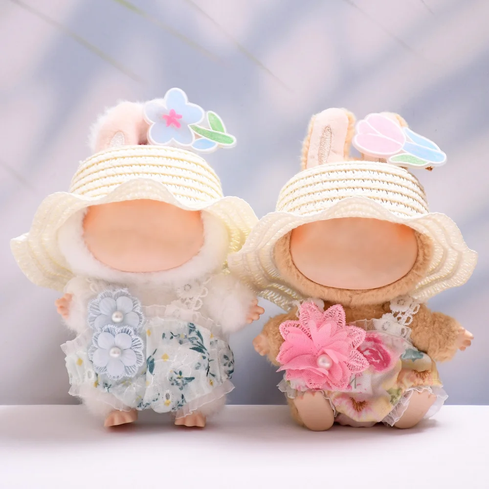 

17cm Plush Doll Clothes For Labubu Summer Blue Flower Skirt Clothing Straw Hat Accessories Design for Keychain Dress Up