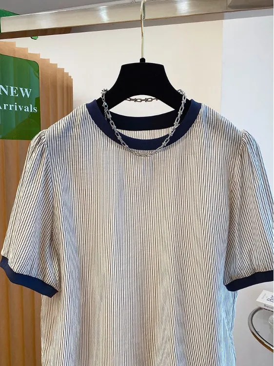 تي شيرت نسائي أنيق بأكمام قصيرة مخطط على الطراز الكوري فضفاض برقبة مستديرة مناسب للعمل موضة صيفية #4