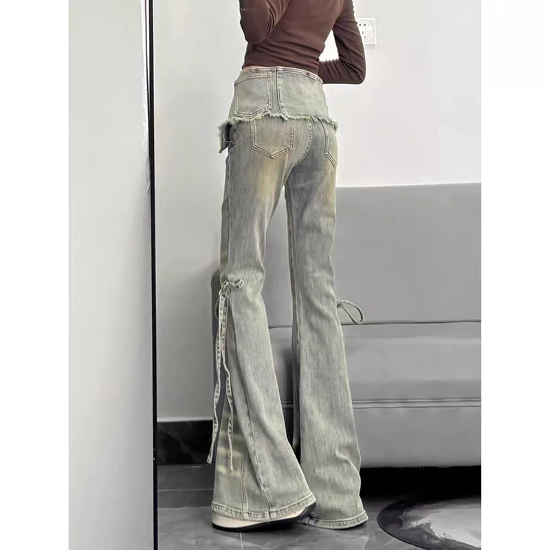 ZHIZOU Winter Women Goblin Core Low Waisted Flare Denim Pants Patchwork Japanese Abi Y2k Harajuku Bell-Bottom Skinny Jean Grunge