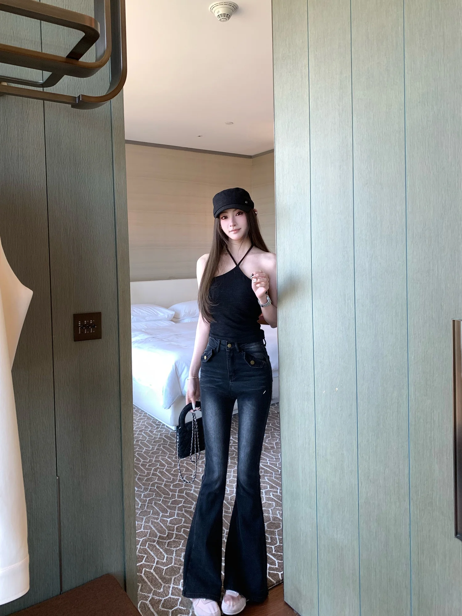 

Женские джинсы-клеш F Project в корейском стиле с мультяшным принтом, с эффектом увеличения бедер, стройнящие, с высокой талией, повседневные, зимние, модные