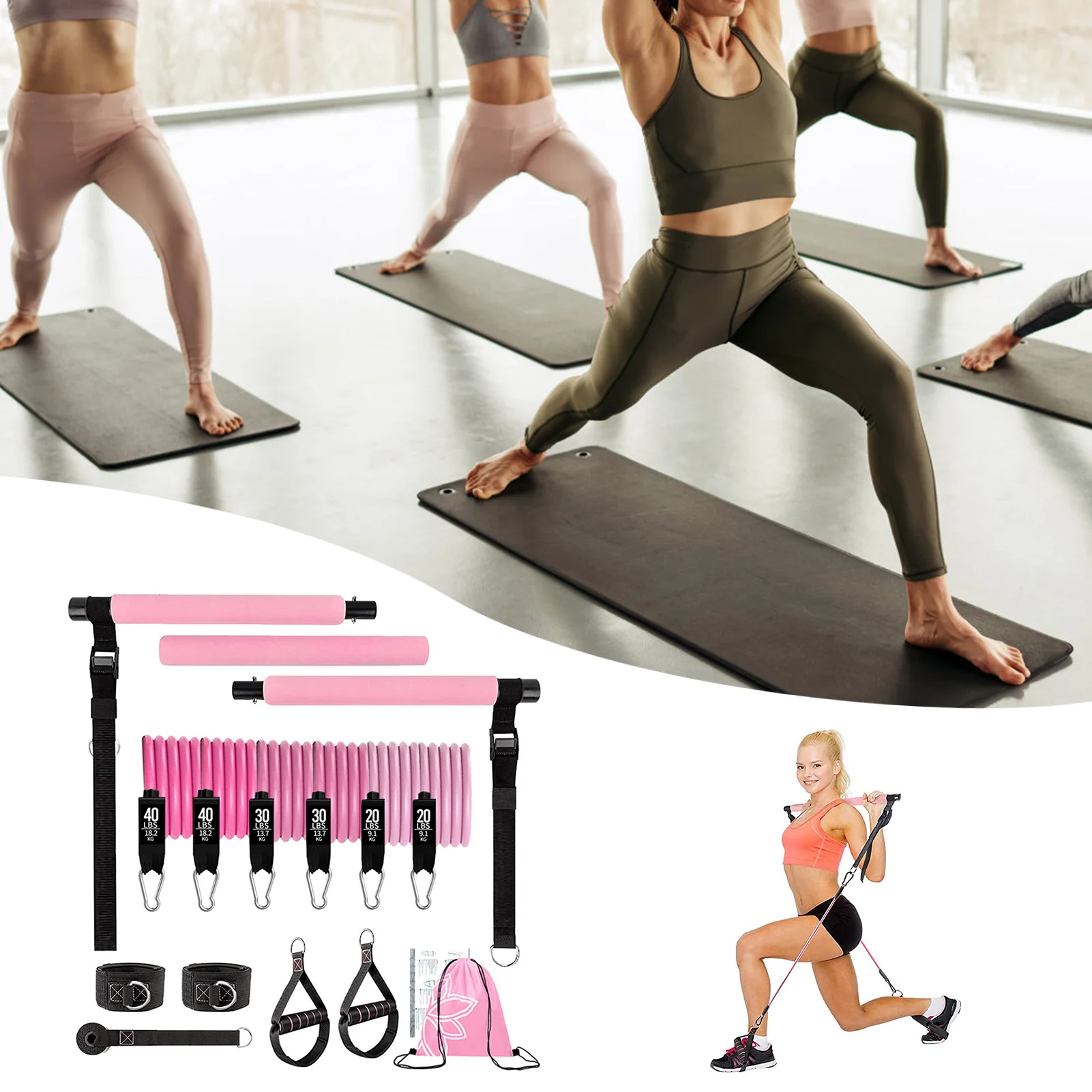 

11 Piece Yoga Stretching Bar Set with Resistance Bands for Women Pilates Fitness Exercise Strengthening Training Equipment