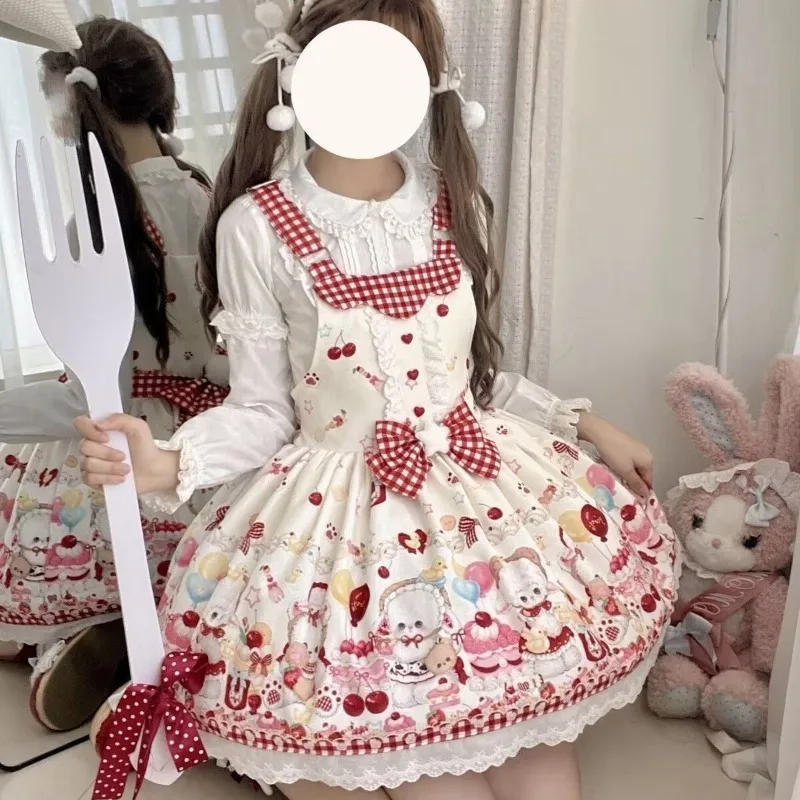 

Japanese Kawaii Cute Lolita Jsk Dresses Sweet Cartoon Bear Print Bow Lace Ruffles Strap Dress for Women Tea Party Outfit