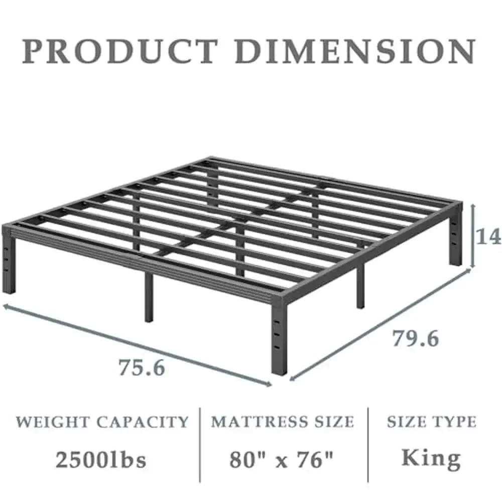 Metal Platform King Bed Frame 14 Inch Heavy Duty No Box Spring Needed Storage Space Easy Assembly Black Squeak Resistant