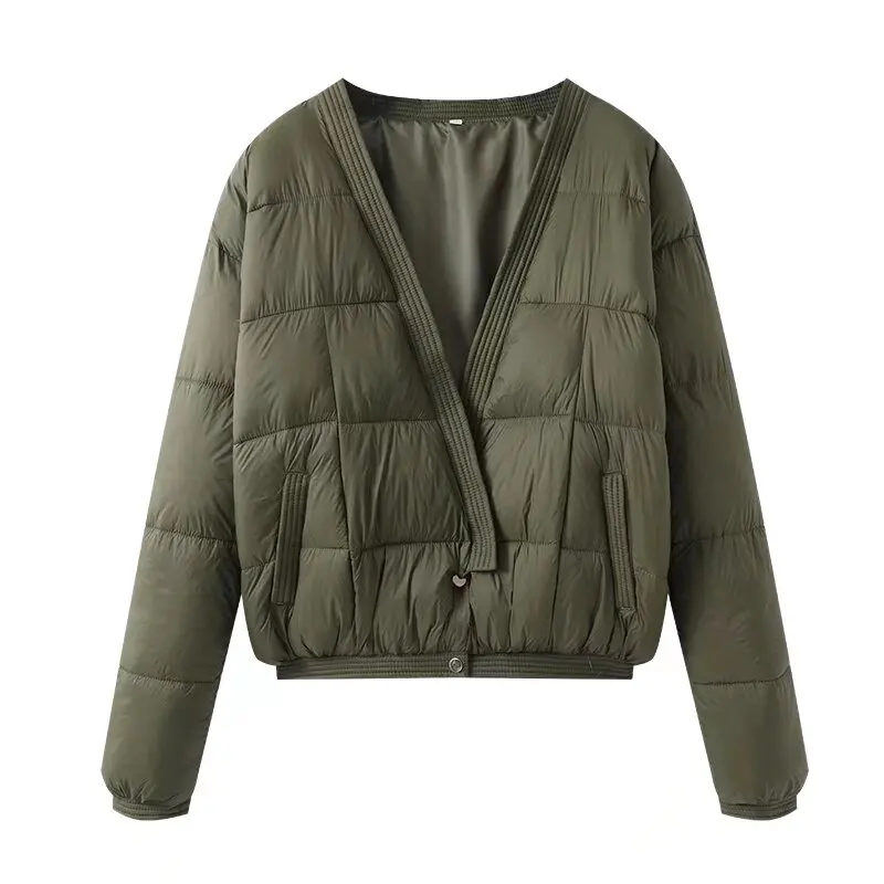 

ZAB Autumn New Women's Loose Bread Cotton Jaet V-Ne een Sewing Wind Design Street Sle Long Sve Casual Coat