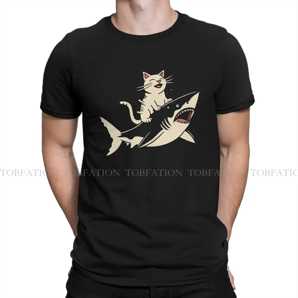 Cat and Shark Aquatic Thrills TShirt For Male Cat Camisetas Fashion T Shirt 100% Cotton Soft Printed Fluffy