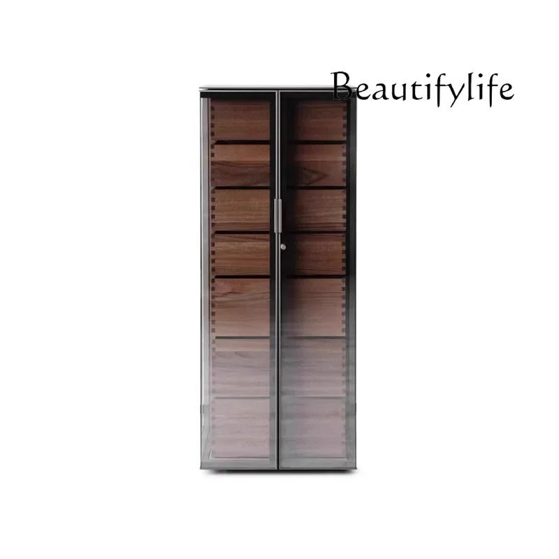 Black walnut locker tempered glass seven-chest cabinet living room wall solid wood Italian storage cabinet