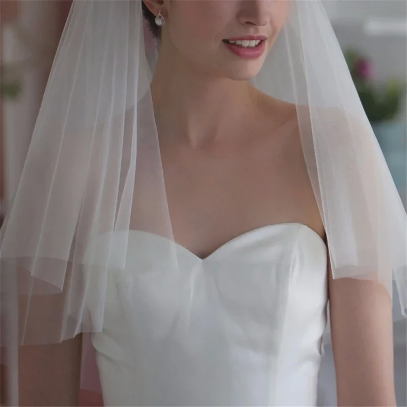 

Simple Two Layers Wedding Veils Ivory White Short Tulle Bridal Comb Accessories