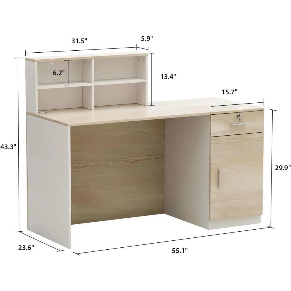 Reception Desk Retail Counter with Lockable Drawer & Shelves, Front Counter Desk Reception Counter Table for Salon Lobby Shop