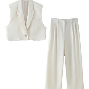 Regata branca e calças definido para as mulheres, coletes sem mangas, decote em v, curto, plissado, escritório, todo o jogo 8 principais vendas conjunto branco calça e cropped - №2