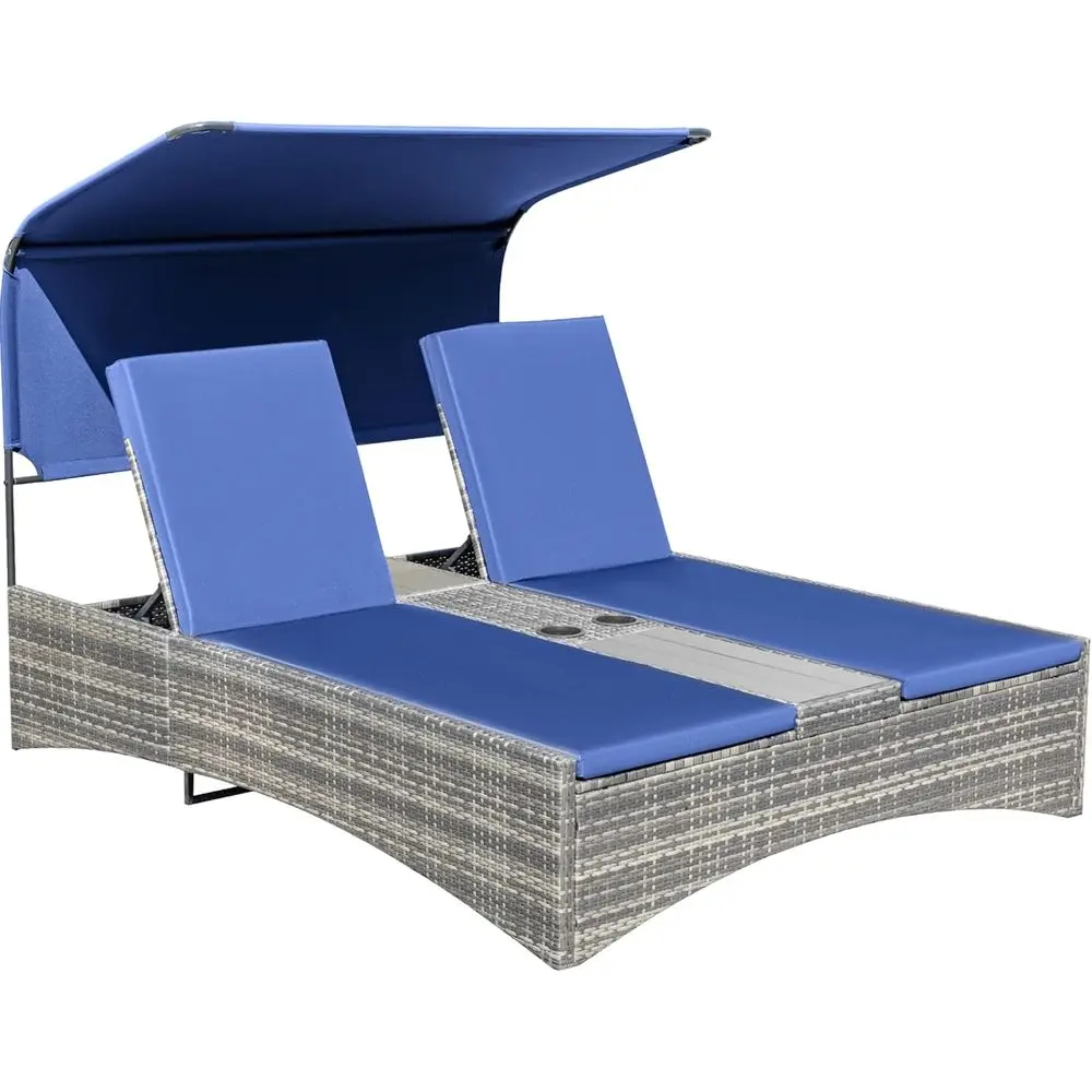 

Rattan Double Chaise Lounge Adjustable Backrest Daybed with Sunshade and Cup Holder for Deck, Poolside, Balcony (Blue)
