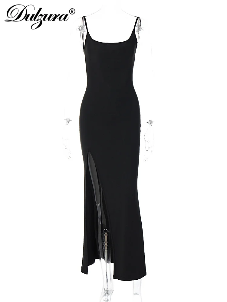 Dulzura Abito lungo senza maniche con spacco laterale in pizzo patchwork senza schienale Cami Abito lungo elegante sexy da donna Party Clubwear Autunno