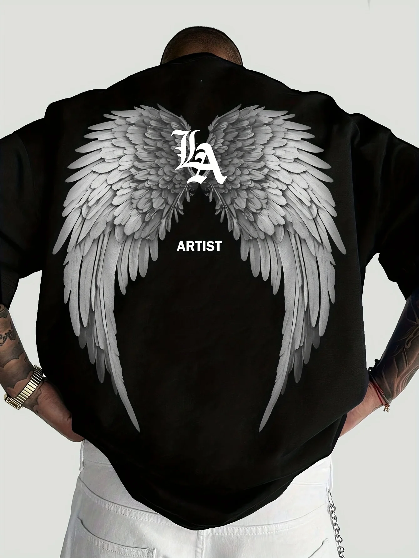 Men's Summer Short-sleeved T-shirt Trendy Casual Street Style 100% Cotton Angel Wings Pattern Print Design Loose Soft Round Neck