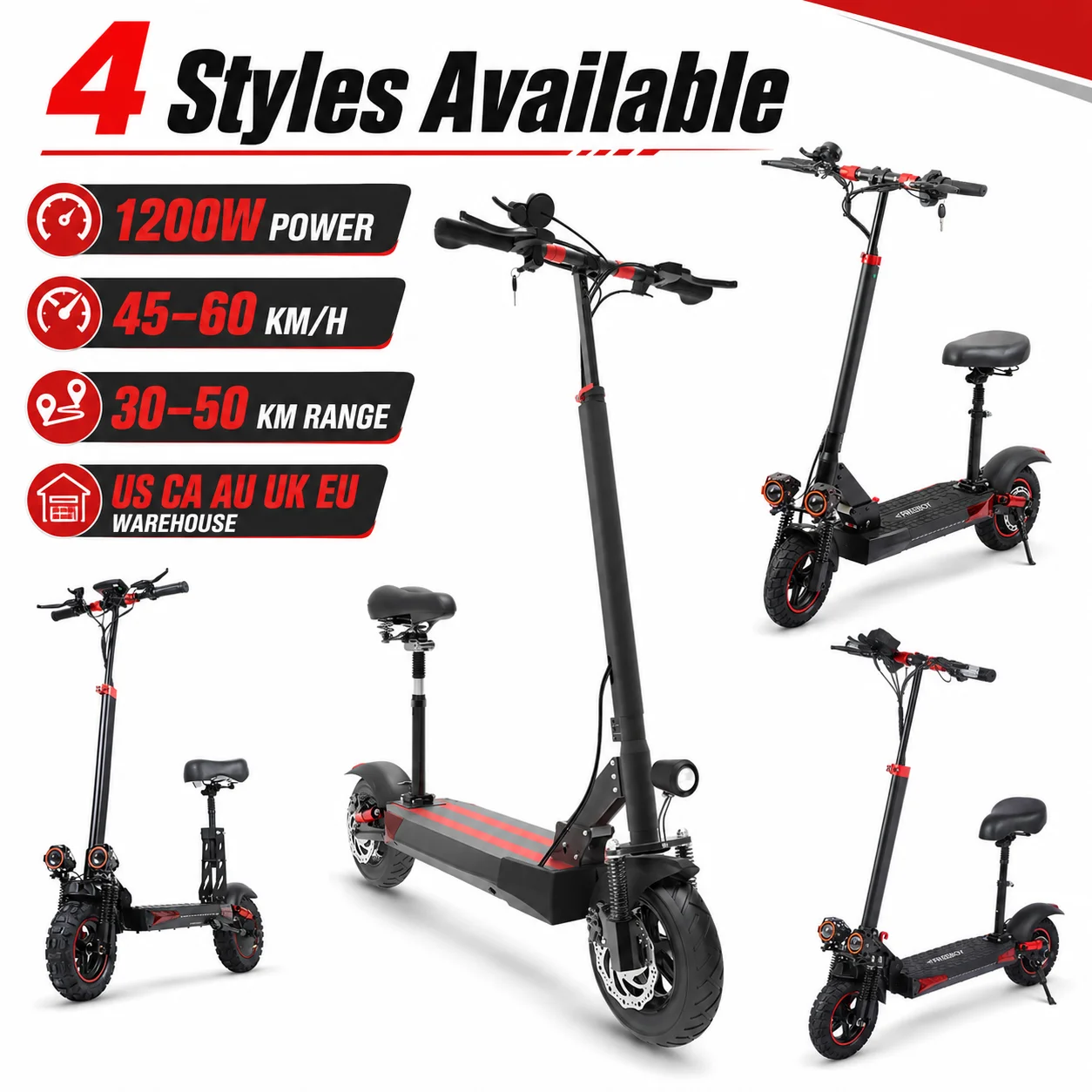 1200W Offroad Electric Scooter for Adults with Seat, 45-60KM/H Fast Speed E Scooter, 30-50KM Long Range Commuter Electric Kick Scooter, Dual Suspension, Off Road Tires, Disc Brakes, Folding Electric Scooter for Adults, US CA AU UK EU Warehouse Stock