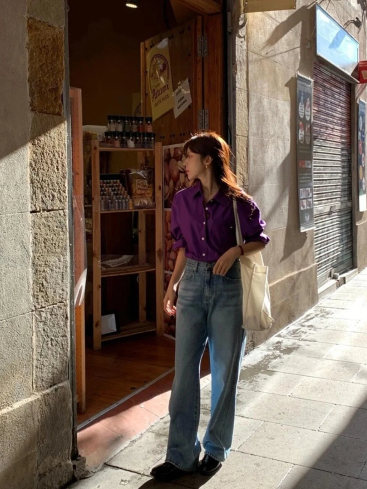 Retro giapponese Sle sciolto cotone da donna irt colore viola alto effetto sbiancante versatile casual lungo Sve Ne Top